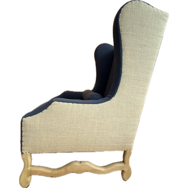 A Pair of Custom Blue Wingback Chairs Blue Herringbone by Mitchell Gold & Bob Williams / Navy Blue Linen by Restoration Hardware For Sale - Image 18 of 18