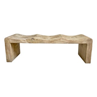 Coastal Organic Modern Washed Teak Wave Bench For Sale