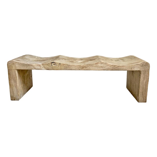 Coastal Organic Modern Washed Teak Wave Bench For Sale