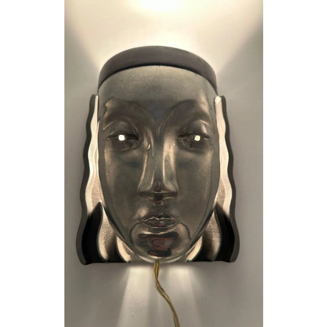 1970s Art Deco Style Female Face Mask Wall Sconce - a Pair For Sale - Image 10 of 11