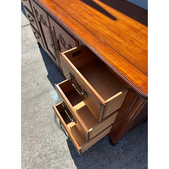 Drexel Heritage French Provincial Sideboard | Buffet Credenza | Vintage Wood Cabinet |Carved Doors | Long Dresser | Storage Console For Sale - Image 9 of 12