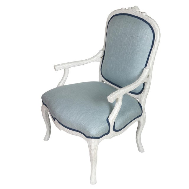 French Pair of White Faux Bois Armchairs With Pierre Frey Blue Upholstery For Sale - Image 3 of 3