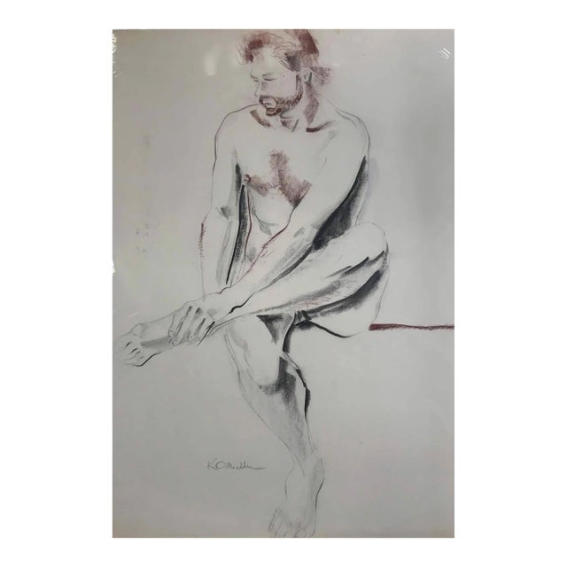 "Large Seated Male Nude" - Modern Pastel Portrait Drawing by Kittie O'Meallie For Sale