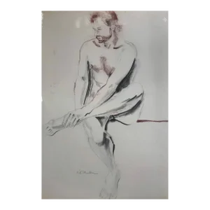 "Large Seated Male Nude" - Modern Pastel Portrait Drawing by Kittie O'Meallie