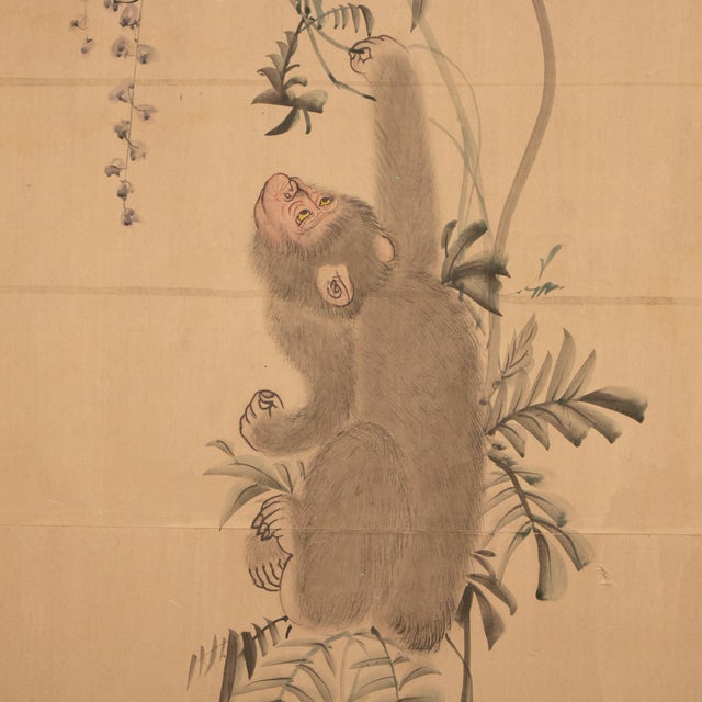 XL Meiji Era After Mori Sosen "Ten Monkeys and Pine Tree", Antique Japanese Byobu Screen For Sale - Image 4 of 12