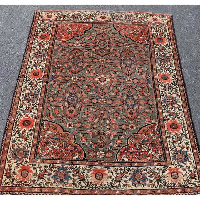 Textile Antique Persian Malayer Rug With Teal Field and Coral Spandrel Design 4'7 X 6'3 For Sale - Image 7 of 11