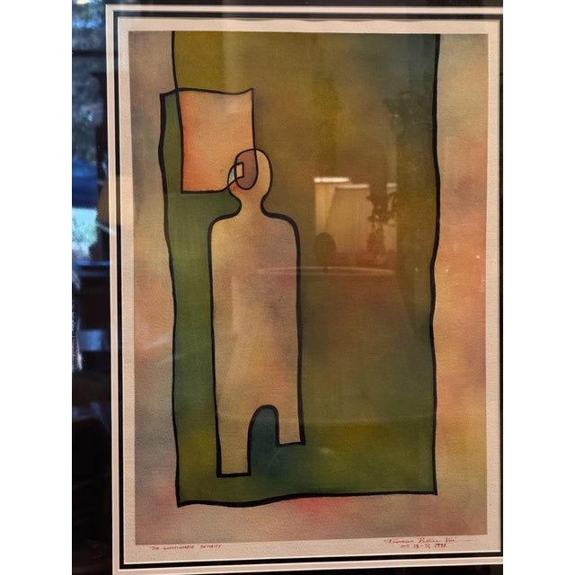 Titled: "THE QUESTIONABLE SECURITY", An abstract composition in acrylic on paper with a simplified figure outlined in...