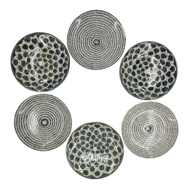 Vintage Bat Trang Vietnamese Ceramic Dinner Plates With Mixed Leaf Motifs - Set of 6 For Sale