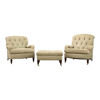 Mid 20th Century Pair of Edward Ferrell Tufted Club Chairs With Matching Ottoman Footstool For Sale