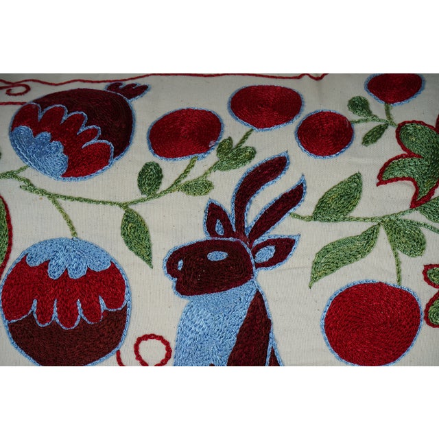 Hand Embroidered Suzani Lumbar Pillow – Deer & Pomegranate, 18'' X 34'' For Sale - Image 4 of 5