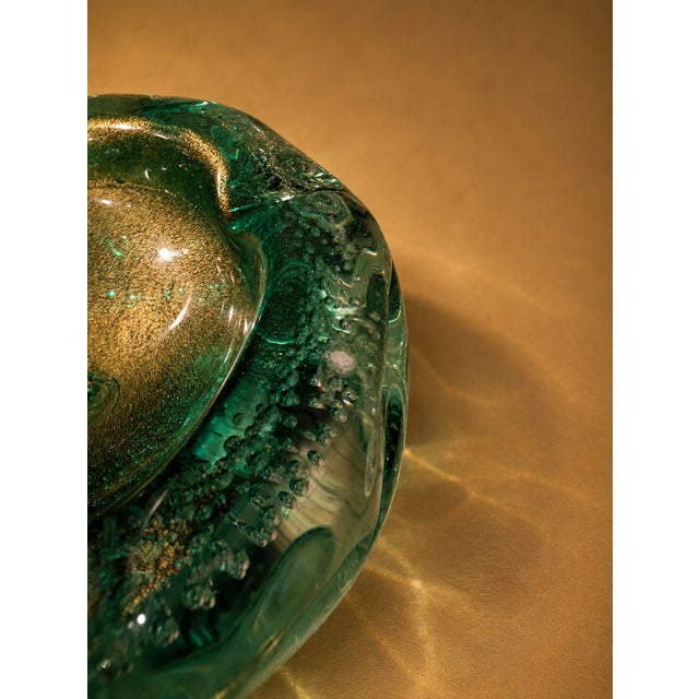 Vintage Murano Style Bullicante Green Art Glass Ashtray, Mid-Century Modern Italian Glass Bowl For Sale - Image 9 of 9