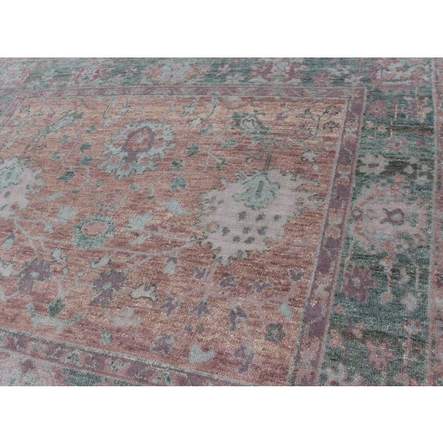 2010s Square Oushak Design Rug in Light Green, Pink and Coral With All-Over Design For Sale - Image 5 of 11