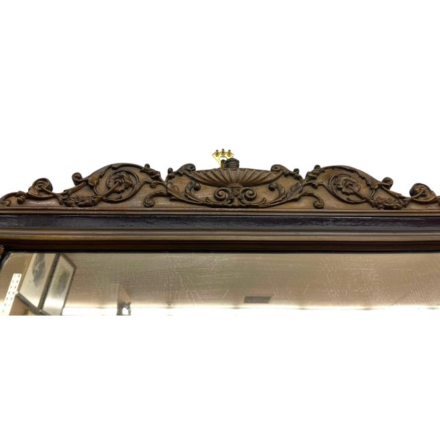 Brown Antique Carved Wood Overmantel Mirror With Floral Urn Motifs and Scrolled Crest. For Sale - Image 8 of 11