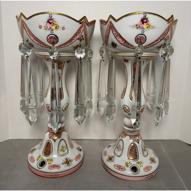 Vintage Occupied Japan Porcelain Mantle Lustre Lamp Bases W/ Crystal Spear Prisms - Pair For Sale - Image 4 of 10