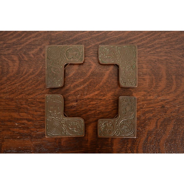 Tiffany Studios New York Zodiac Pattern Bronze Blotter Corners With Leather Desk Blotter For Sale - Image 10 of 14