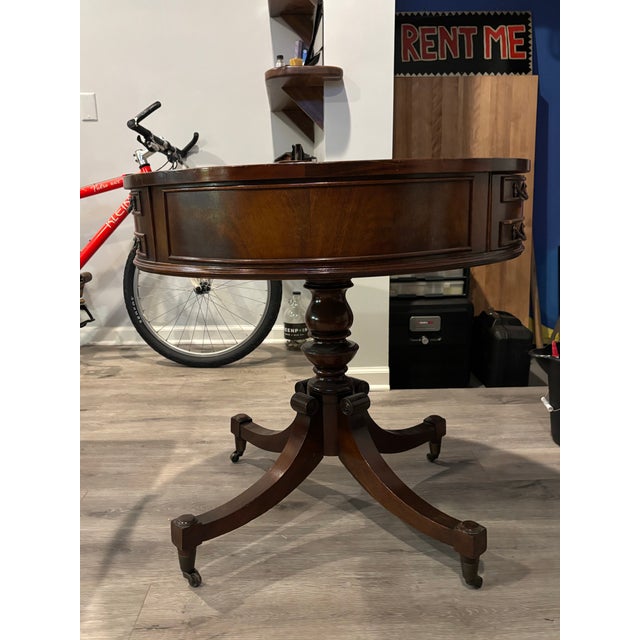 George III or Georgian Style Mahogany Drum Table With a Vintage Federal Style Flame Mahogany 4-Drawer Drum Side Table on Casters For Sale - Image 9 of 10