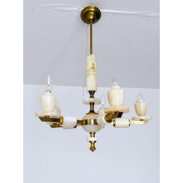 Onyx Vintage 1980s Italian Onyx Brass Marble Chandelier Lighting Ceiling Fixture Light For Sale - Image 8 of 9