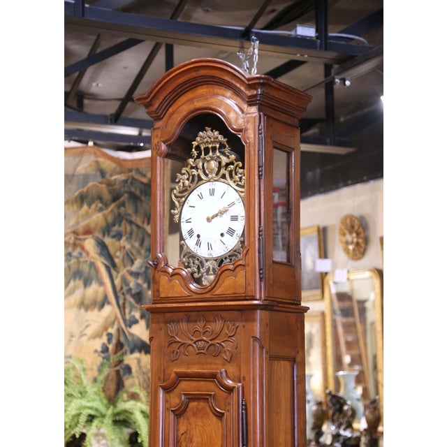 French Mid-18th Century French Louis XV Carved Walnut Tall Case Clock From Lyon For Sale - Image 3 of 18
