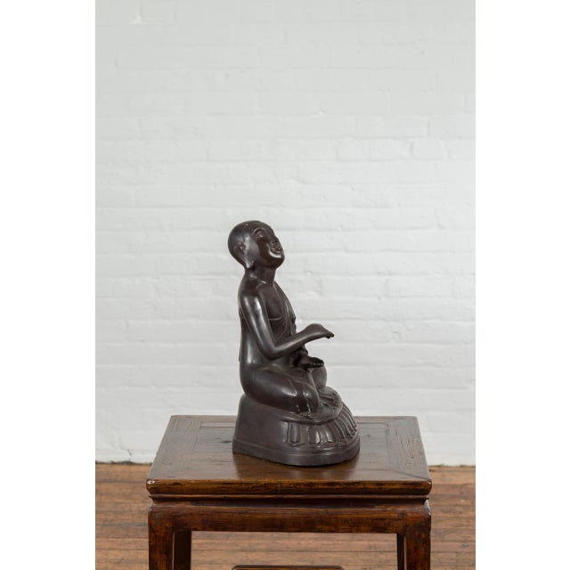 Mid 20th Century Mid 20th Century Vintage Bronze Lost Wax Sculpture Depicting a Praying Monk Sitting on a Base For Sale - Image 5 of 13