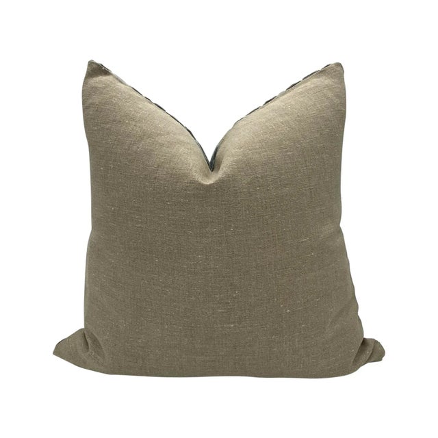 Pair of handcrafted pillows fashioned with Fabricut Laberinto Velvet in Laguna fabric on the front and backed in a flax...