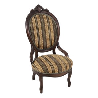 Antique Carved Mahogany Accent Chair With Striped Floral Upholstery. For Sale