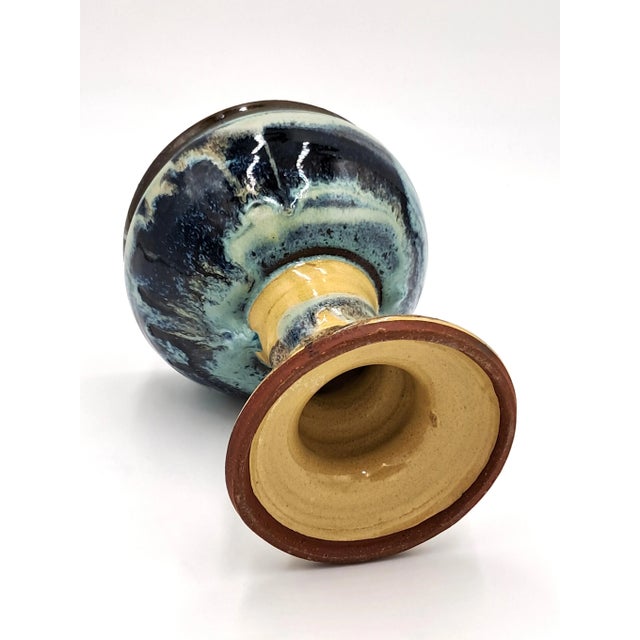Vintage Handmade Artisan Blue/Teal/Cream Abstract Studio Pottery Goblet For Sale - Image 6 of 7