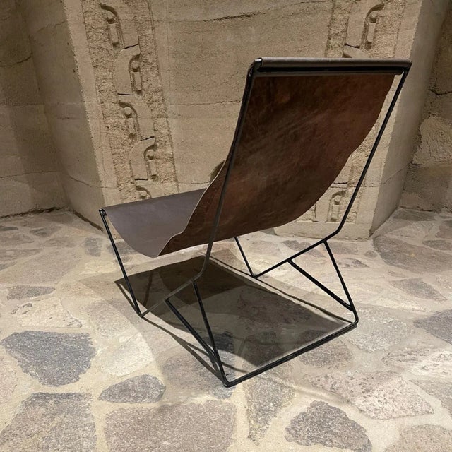 Modern 2000s Modern Studio Lounge Chair Brown Leather Sling Iron For Sale - Image 3 of 12