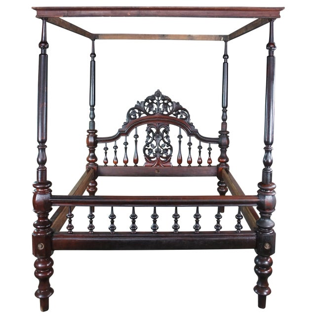 Antique Anglo Indian Colonial Raj Mahogany Carved Officers 4 Poster Tester Bed For Sale - Image 13 of 13