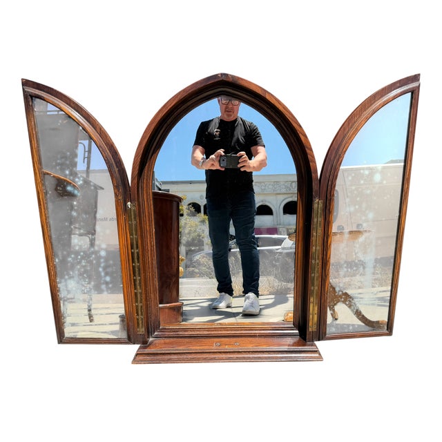 Rare Antique Tudor Oak Shrine Trifold Cabinet Mirror. Closed 26” wide Open 50” wide
