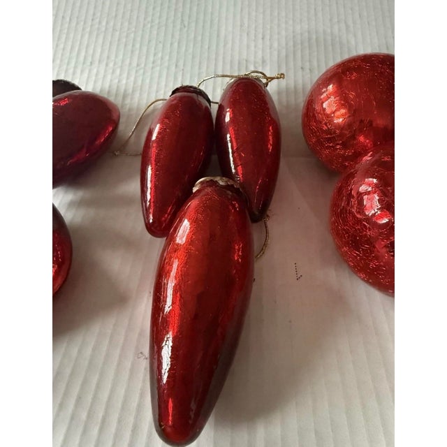 American Vintage(8)Christmas Crackle Glass Kugel Style Ornaments Hearts,balls,teardrop Ruby Red Christmas Holiday Decor For Sale - Image 3 of 12