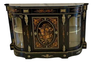 Antique Victorian Ebonised and Inlaid Floral Marquetry Credenza, 1860s