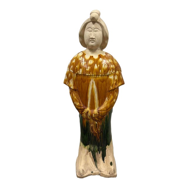 Mid Century Large Chinese Sancai Glazed Pottery Figure - Tang Style Court Lady For Sale
