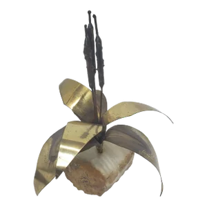 Mid Century Modern Metal Art Brass Cattails With Marble Base Signed Jason