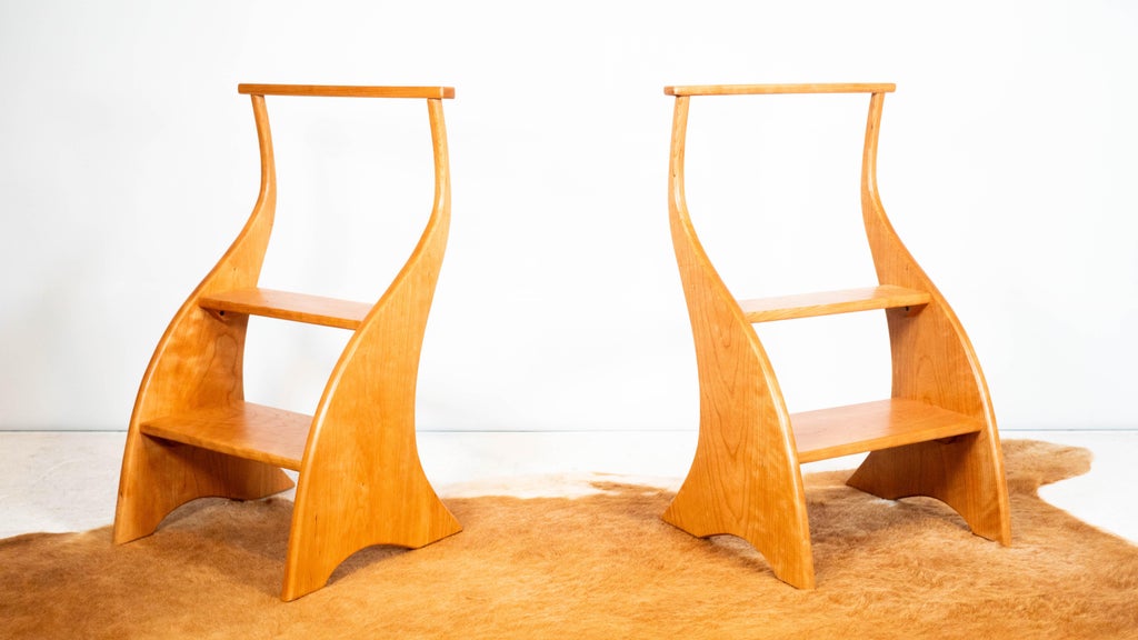 American Studio Cherry Wood Sculptural Library Steps Stool | Chairish
