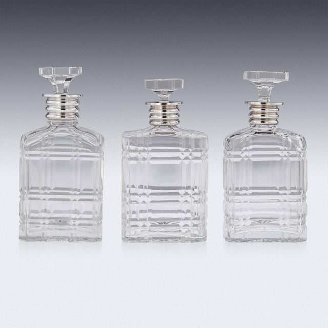 20th Century English Art Deco Solid Silver & Cut Glass Decanters, 1910s, Set of 3 For Sale - Image 3 of 18