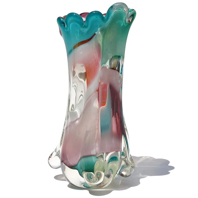 Abstract Vintage Murano Abstract Multi-Color Red Teal Tree Trunk Italian Art Glass Flower Vase With Original Label For Sale - Image 3 of 10