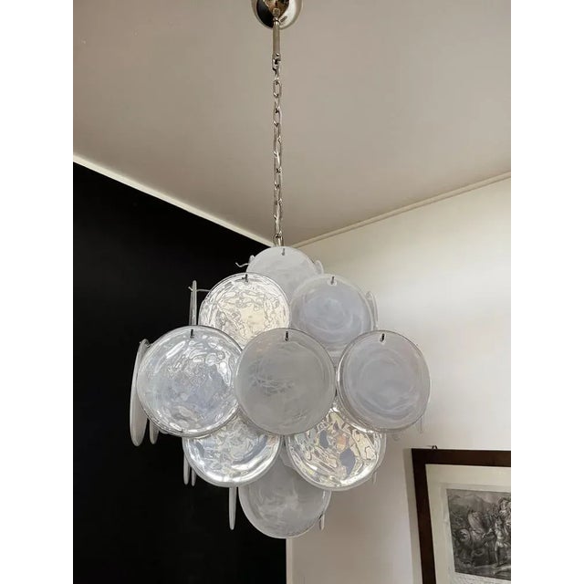 Vintage Italian Murano Chandelier with 36 White Disks, 1979 For Sale - Image 6 of 18