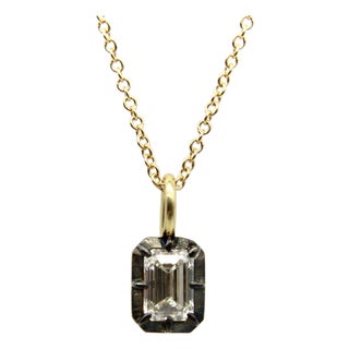 18k Gold 1/2 Carat Emerald Cut Diamond in Collet Setting With Black Rhodium Necklace For Sale