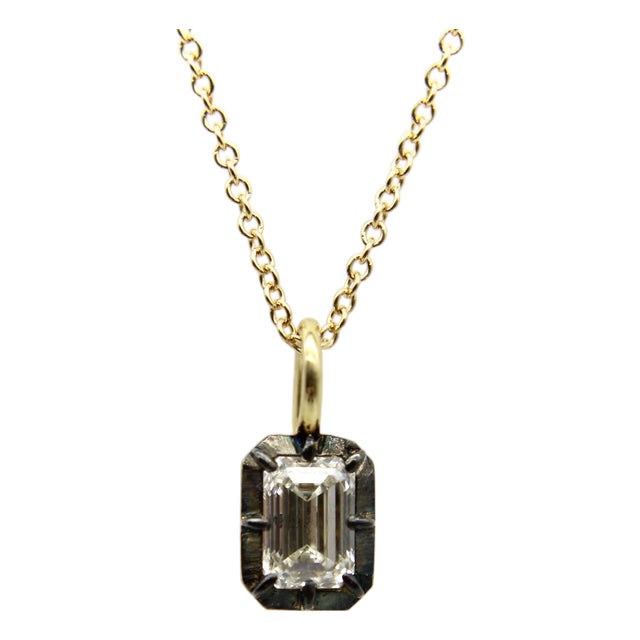 18k Gold 1/2 Carat Emerald Cut Diamond in Collet Setting With Black Rhodium Necklace For Sale