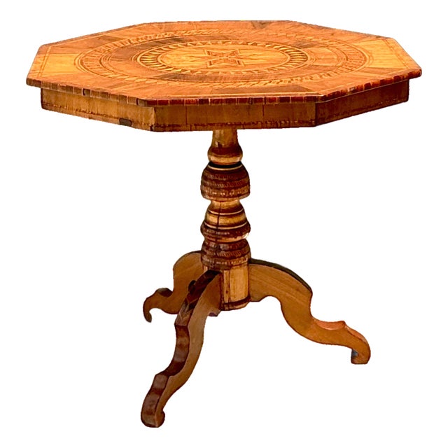 Vintage Marquetry Octagonal Wood Table For Sale