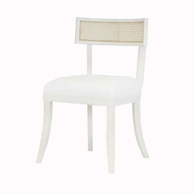 Contemporary Matthew Izzo Home Britta Matte White Lacquer, Woven Cane, and Linen Upholstered Klismos Style Dining Chair For Sale - Image 3 of 10