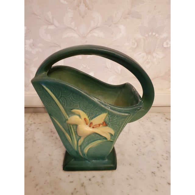 Ceramic 1940s Roseville Pottery Zephyr Lily Handled Basket For Sale - Image 7 of 7