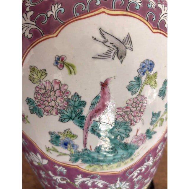 Mid 20th Century Early to Mid Twentieth Century Chinese Export Famille Rose Ginger Jar Lamps Turquoise Enamel Flowers Birds, a Pair For Sale - Image 5 of 11