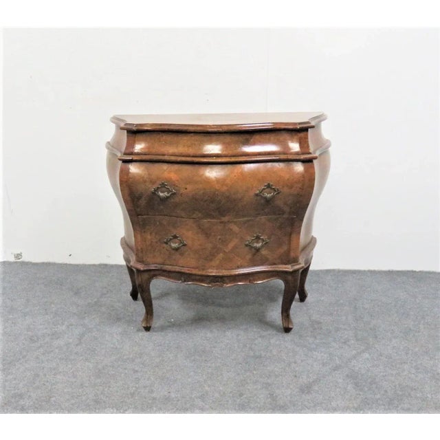 Italian Burlwood commode, cross banded inlaid pattern , 2 drawer, brass hardware, marked made in italy