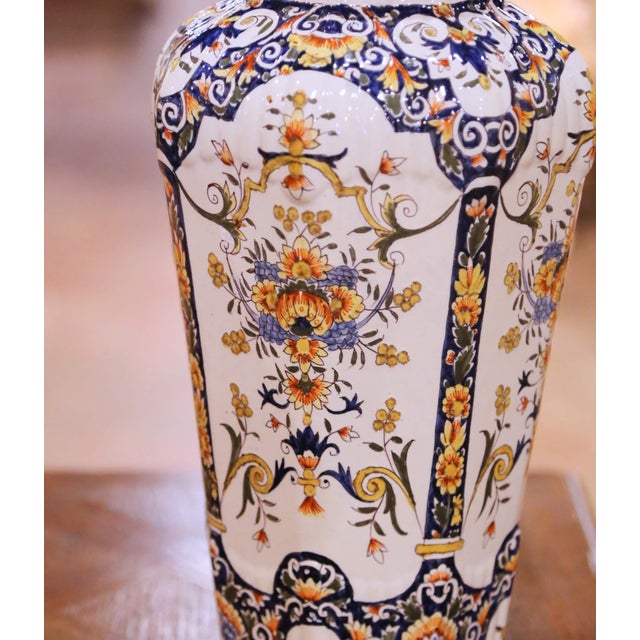 Pair of 19th Century French Hand Painted Desvres Faience Vases With Lids For Sale - Image 4 of 10