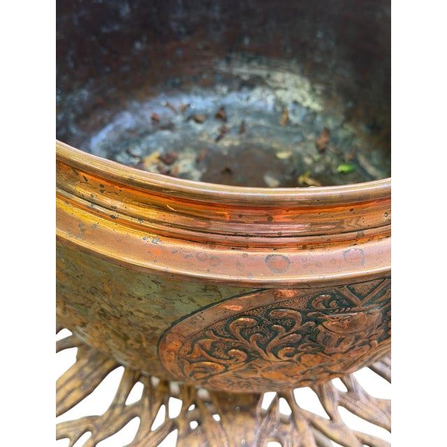 Large 14" Antique French Repoussé Copper Jardinière, 19th Century Alliance Coat of Arms Cachepot, Lion Head Handles, French Planter For Sale - Image 13 of 15