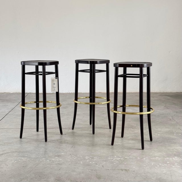 A rare and elegant set of three bar stools by Gebrüder Thonet Vienna, impeccably preserved from a closed gallery’s archive...