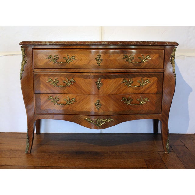 Circa 1880 French Marble Top 3-Drawer Commode. Handsome serpentine form with rouge de fer marble top, in the Rococo taste....