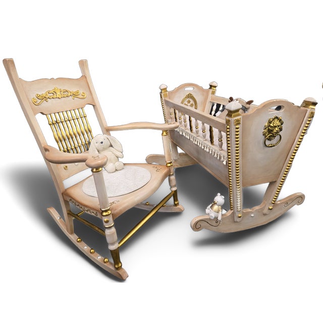 Gold Vintage Hand-Painted Nursery Rocking Set: Gold Accent Cradle & Rocking Chair For Sale - Image 8 of 11