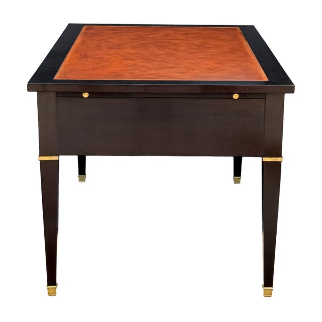 Black Large French Louis XVI Ebonized Writing Table or Desk With Embossed Leather Top For Sale - Image 8 of 15